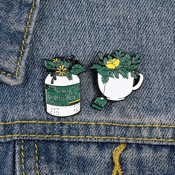 

women green plant potted collar brooches coffee tea bag yellow flower cowboy pins clothes anti light buckle backpack badge jewelry accessori, Blue