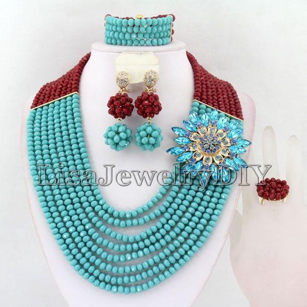 

earrings & necklace 8 rows african beads jewelry sets nigerian wedding crystal set hd1985, Silver