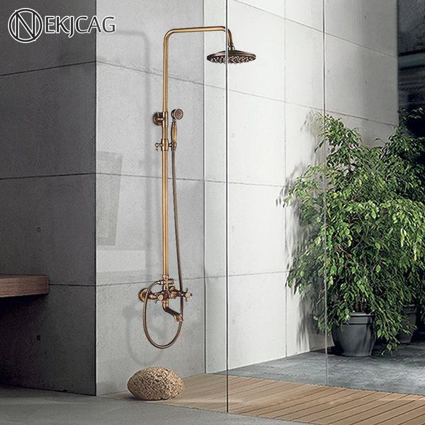 

nekjcag brass material antique bathroom shower faucet set dual handle with shelf cold water mixer tap rainfall head sets