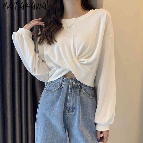 

matakawa loose casual o-neck tshirts for women cross crop long sleeve t shirts spring korean woman tshirts 210513, White