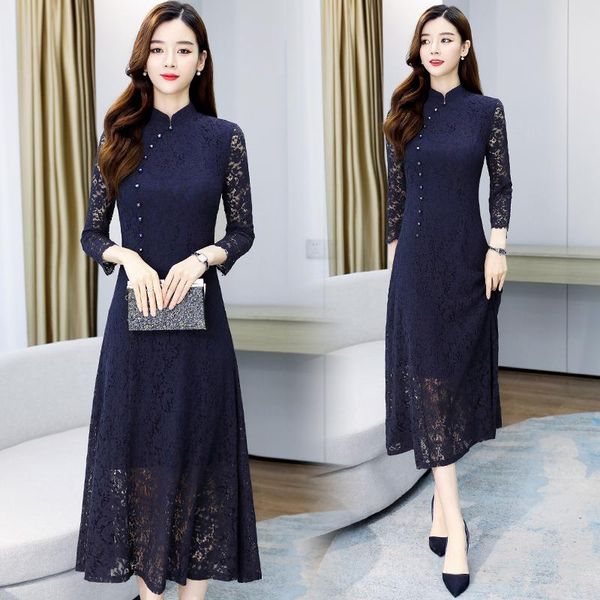 

casual dresses spring elegant vintage blue lace midi dress 2021 autumn korean solid 3xl plus size vestido women bodycon chinese style, Black;gray