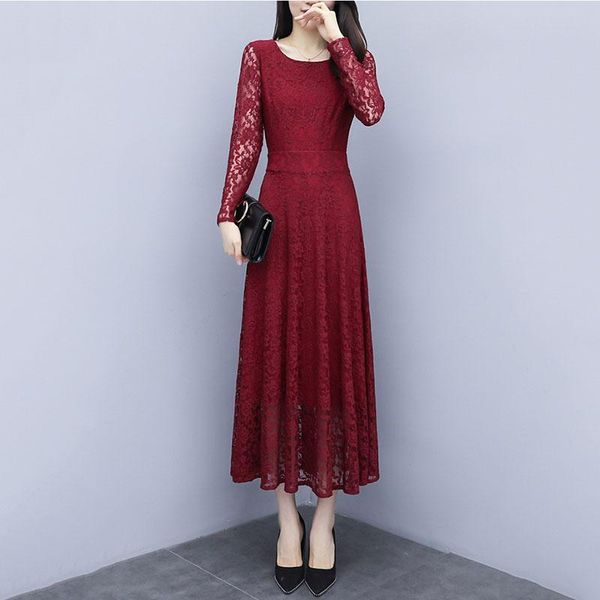 

casual dresses lace dress autumn winter women's 2021 plus velvet thick long sleeve hollow mid length pullover o-neck vestidos mujer q33, Black;gray
