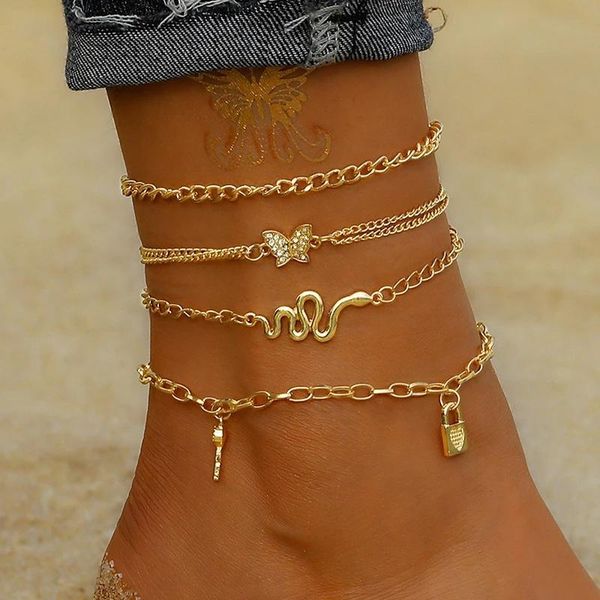 

anklets 4pcs/set bohemian snake pendant set for women key lock butterfly gold chain multi-layer anklet foot ankle, Red;blue