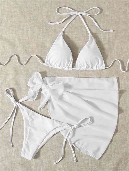 

3 piece set bikini mujer tie dye triangle push up swimwear women string bandage mini thong beachwear swimsuit, White;black