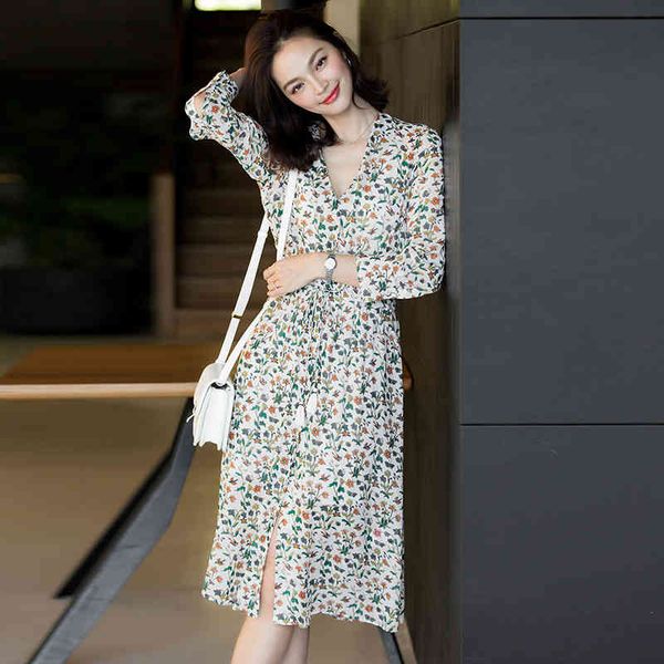 

women printed dress female summer korean fashion temperament v-neck long sleeve dress single-breasted elastic waistline dres 210514, Black;gray