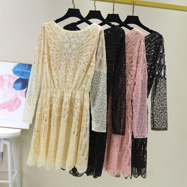 

casual dresses black beige pink mesh elastic waist a-line v-neck sequin long sleeve chiffon party formal dress woman 86125, Black;gray