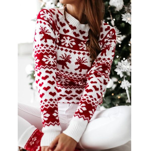 

women's sweaters christmas women sweater xmas deer snowflake printing long sleeve o-neck knitted pullover jumper knitwear fall winter, White;black