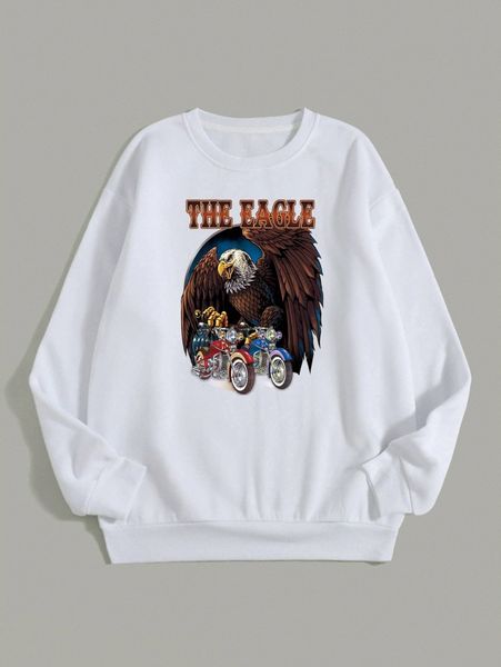 

eagle & motorcycle print drop shoulder thermalÂ lined sweatshirt k8vf#, White;black