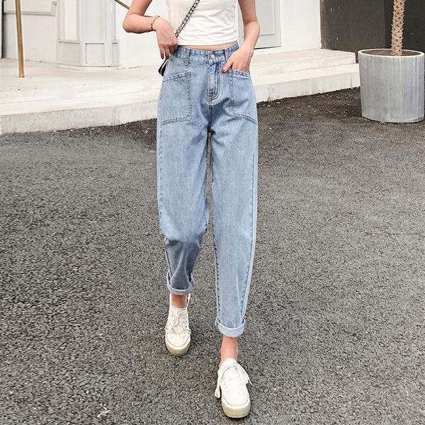 

women's jeans loose vintage woman spring autumn bleached casual boyfriend curl denim wide leg pants high waist jean ankle pocket, Blue