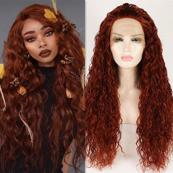 

long curly dark red lace front wig synthetic hair for women heat resistant cosplay daily with natural hairline wigs1, Black