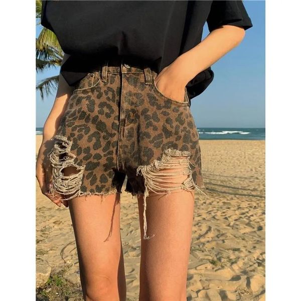 

women's jeans leopard shorts women fashion hole wide legs denim female high waist pants streetwear clothing oversize summer, Blue
