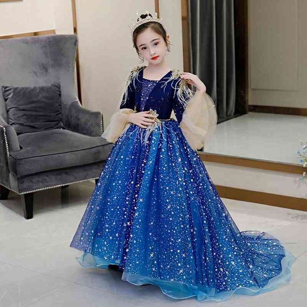 

girls' catwalk high-end tail princess dress little foreign style host flower girl piano performance dress, Red;yellow