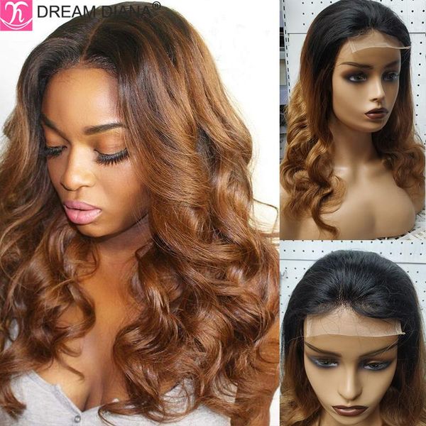 

dreamdiana ombre body wave human hair wig t part 2 tone brazilian wavy lace 100% remy 4x4 closure wigs, Black;brown