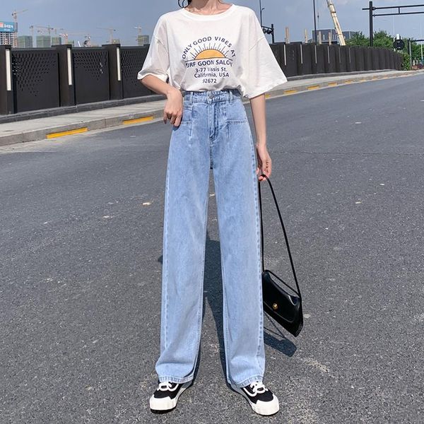 

women's jeans guuzyuviz light blue straight pant jean women wide leg summer high wiat denim pants ladies trousers korean 2021 loose