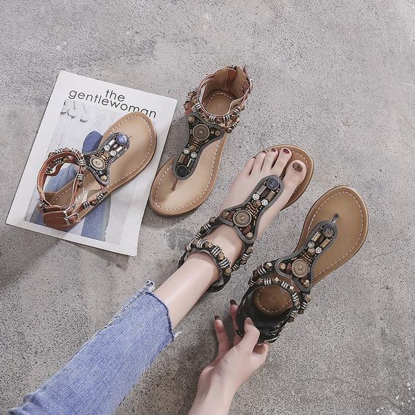 

sandals 2021 summer roman flat low heel ethnic style beaded beach retro women's shoes for women, Black