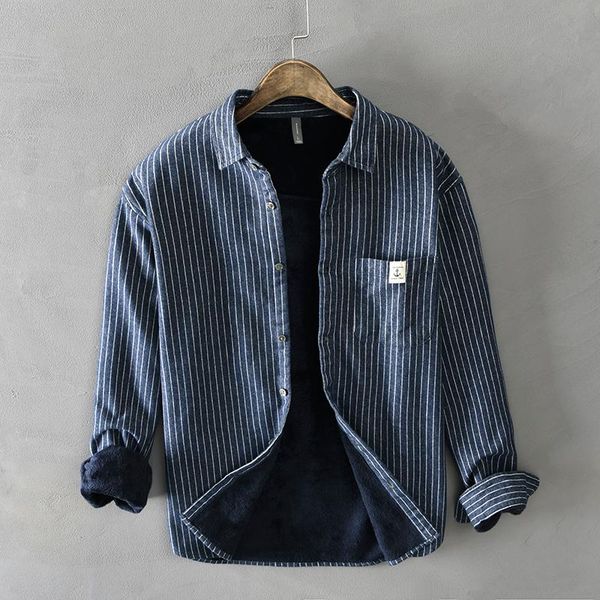

men's casual shirts ly vintage fashion long sleeve winter velvet warm business men japanese style stripe shirt, White;black