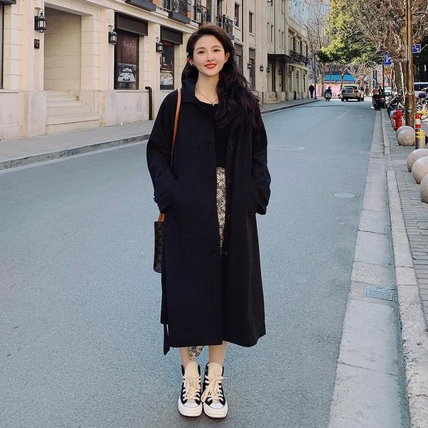 

women's wool & blends trench coat 2021 simple fashion elegant lapel retro style single-breasted loose mid-length overcoat women, Black