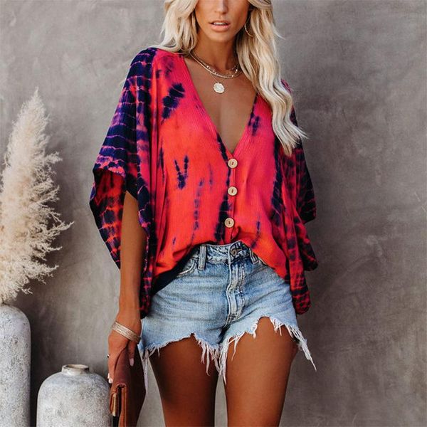 

tie-dye printed shirt female casual v-neck bat sleeve low collar elegant buttons blouse fashion plus size shirts s-5xl women's blo, White