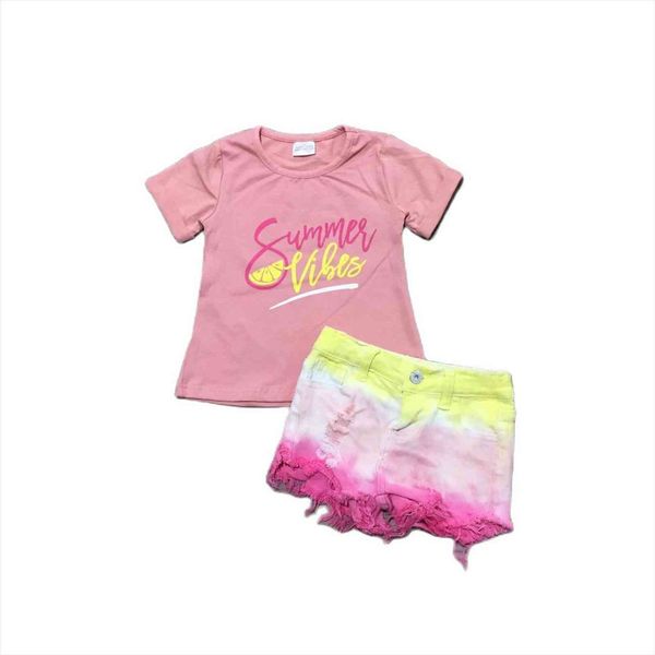 

summer baby girls lemon pink shirt with tie dyed denim shorts kids jeans, White