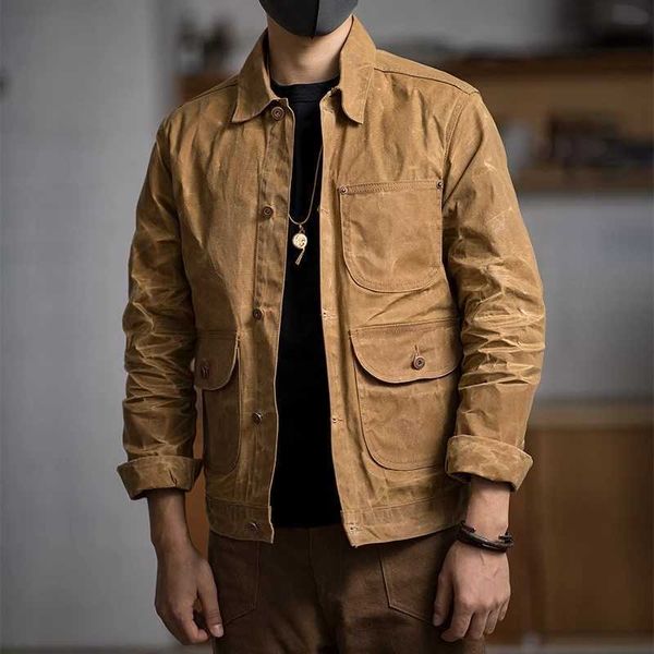 

maden canvas oil wax men jackets khaki retro multi-pocket beaded ami kaji big pocket solid vintage clothing 210909, Black;brown