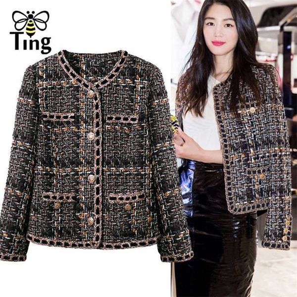 

tingfly spring autumn designer classic tweed short jackets coat women single breasted button casual outerwear coats lady girl 211014, Black;brown