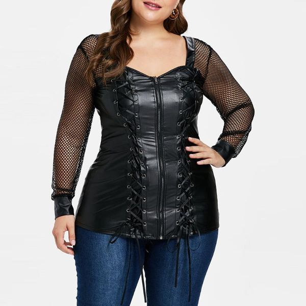 

plus size t-shirt 5xl faux pu leather blouse women elegant hollow out sleeve lace up tie slim tight shirt black ladies