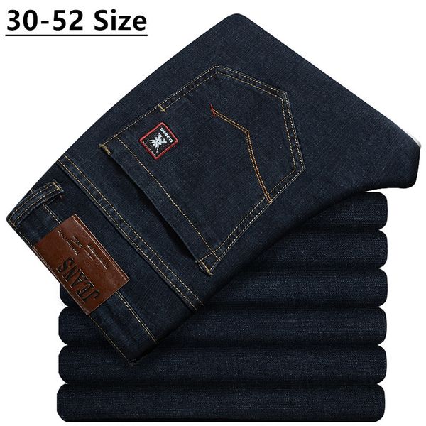 

plus size 42 44 46 48 50 52 men's classic black business casual straight loose denim stretch jeans male brand trousers, Blue