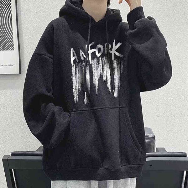

breeze pavilion hooded sweater men's plush korean loose trend coat autumn and winter tide brand boys' sports hoodie handsome, Black