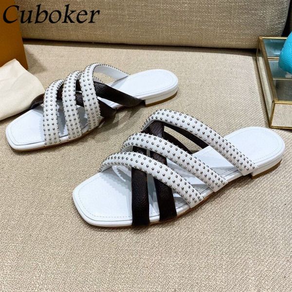 

official website 70% off outlet summer white flat women slippers square toe straps twining slides female luxury brand gladiator zapatos muje, Black
