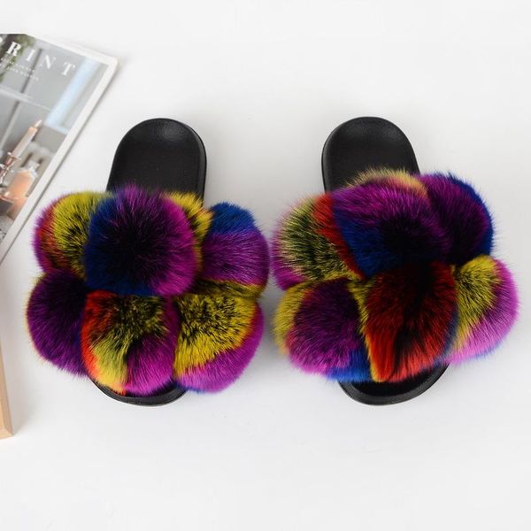 

fur slippers women summer fluffy furry slides house shoes woman real, Black