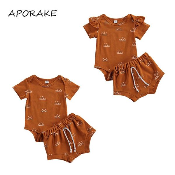 

clothing sets 2021 0-18m baby girl boy sun set summer cartoon print short sleeve romper+high waist shorts cotton 2pcs outfits, White