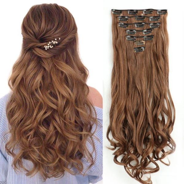 

synthetic wigs lisihair 16clips hairpiece body wave hair clips in high temperature fiber black brown women