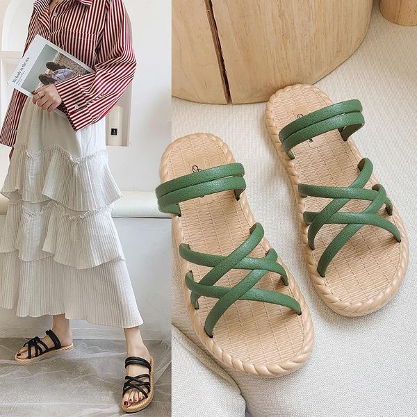 

slippers open toe narrow band classics fashion flat slides women summer mature leisure concise elegant outside ladies shoes, Black