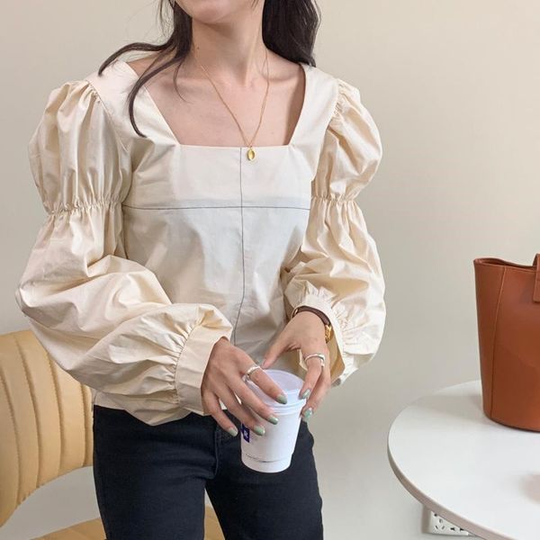 

office women shirt lady square collar off shoulders solid elegant vintage gentle puff sleeved all match, White