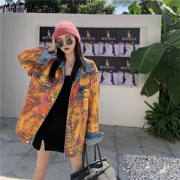 

matakawa denim jacket female chic personality graffiti jean jacket women spring mid-length loose overalls jackets for women 210513, Black;brown
