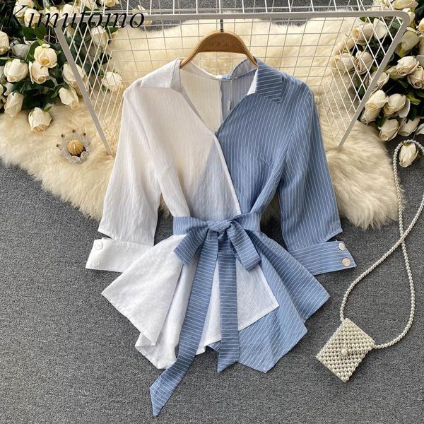

women's blouses & shirts kimutomo vintage stripe shirt women autumn korea casual female turn-down collar half sleeve irregular ruffles, White