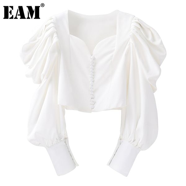 

[eam] women white ruffles elegant blouse square collar puff sleeve loose fit shirt fashion spring autumn 1dd7456 210512