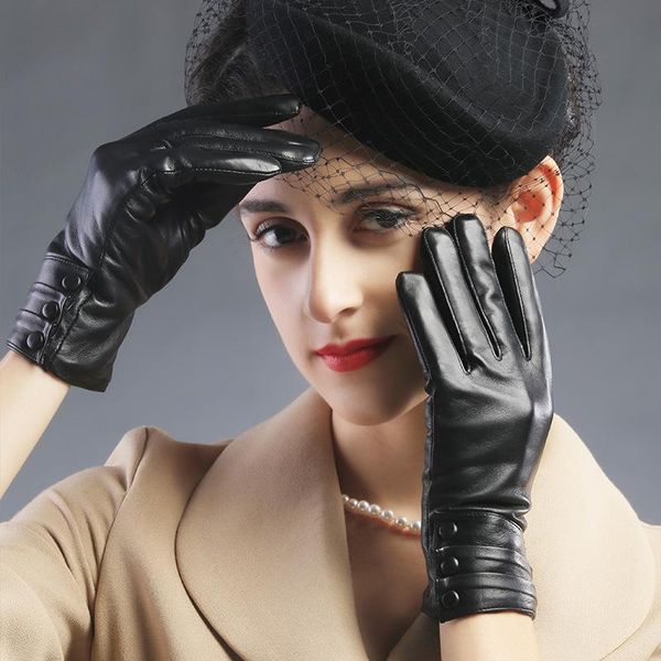 

five fingers gloves elegant women' lambskin real leather sheepskin winter warm woman soft female mittens s2404, Blue;gray