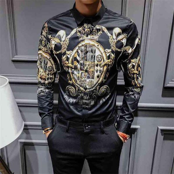 

black gold print shirts men baroque slim fit party club men camisa homem luxury long sleeve plus size 4xl 210721, White;black