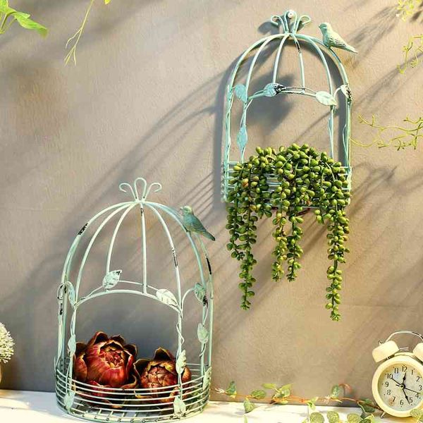Decorazione da giardino vintage in stile country americano, filo metallico, ferro, mezza gabbia per uccelli, vaso da fiori, 210401