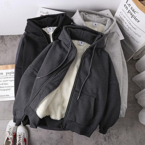 

hoodies jacket women solid color autumn winter new imitation lamb wool korean loose plus velvet thick hooded zipper sweatshirt, Black