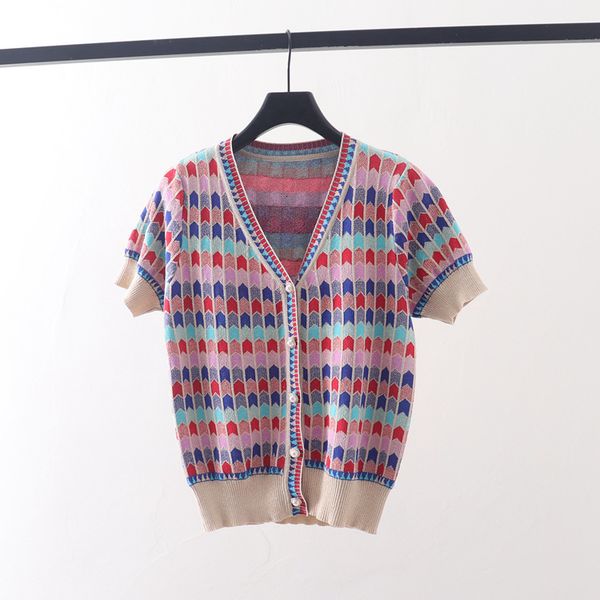 

t shirt xiaoxiang ice silk knitted cardigan women's 2021 summer color matching plaid v-neck outer small coat, White