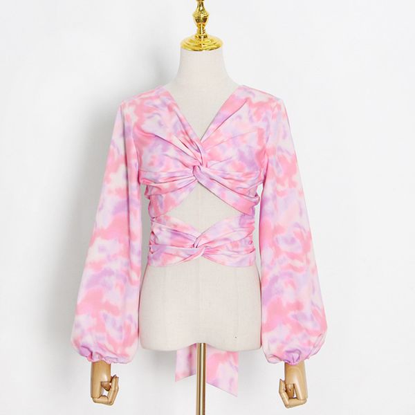 

two piece dress backless woman blouses summer v neck lantern sleeve lace up short women dyeing print hollow out colorful, White