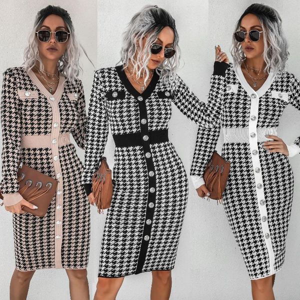 

casual dresses houndstooth print knit dress for women fall 2021 contrast binding buttoned, Black;gray