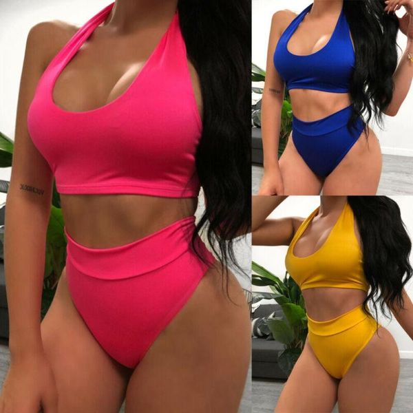 

women's swimwear two piece solid color halter women swimsuit high waist u-neck beachwear push up padded bra bikini sets, White;black