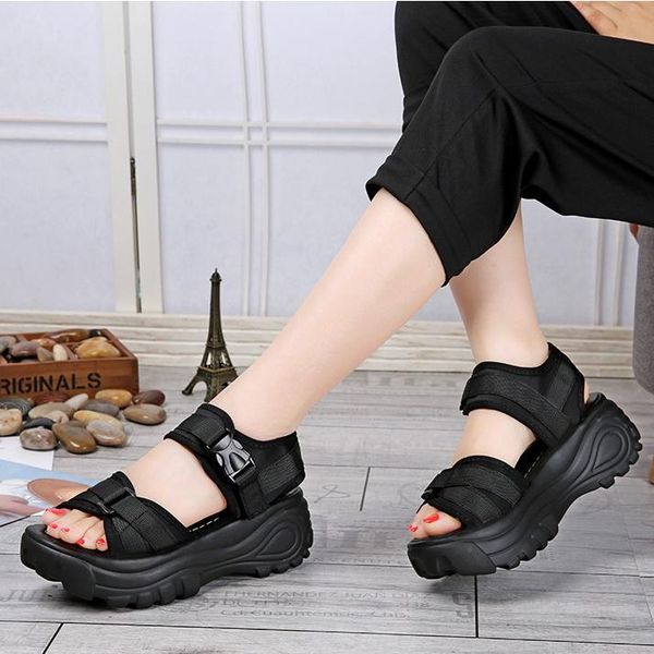 

sandals women 2021 summer open toe heels fashion buckle strap sandalias mujer chunky wedges shoes for gladiator, Black