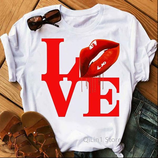 

vogue love womens lips printed t shirt women clothes summer tee femme korean style harajuku female, White