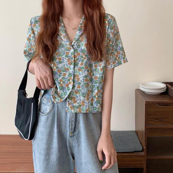 

women's blouses & shirts short sleeve blouse for women vintage floral printed button up v neck shirt japanese harajuku clothes ladies s, White