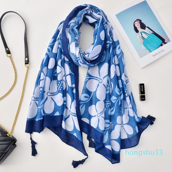 

new bohemian sunscreen shawl spring summer travel beach towel small fresh blue plant flower scarf c6qz, Blue;gray