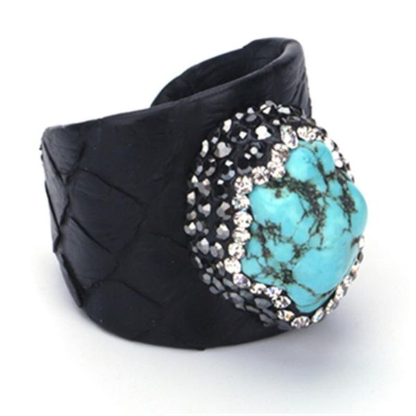

daily jewelry blue howlite turquoises bead pave rhinestone charms black real snake leather adjustable open ring cuff women man cluster rings, Golden;silver